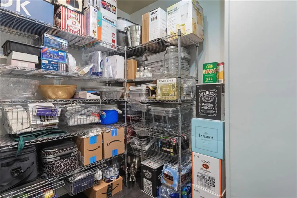 Hidden rooms in this basement provide ample storage.