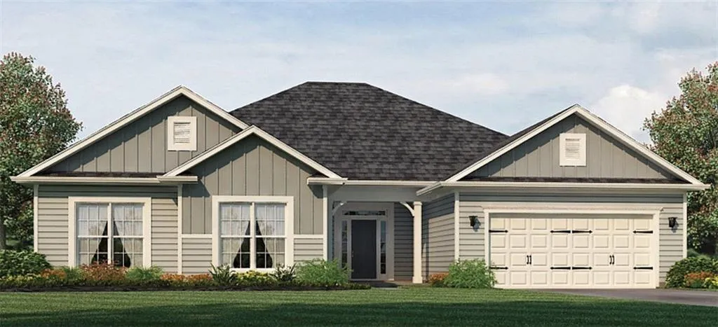 Single-story exterior with a covered entry, attached garage, gabled rooflines, and a low-maintenance landscape