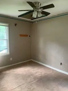 Empty room with light colored carpet, ceiling fan, and ornamental molding