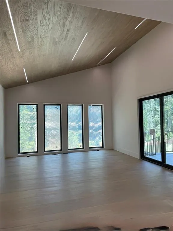 Unfurnished room featuring vaulted ceiling and light wood finished floors