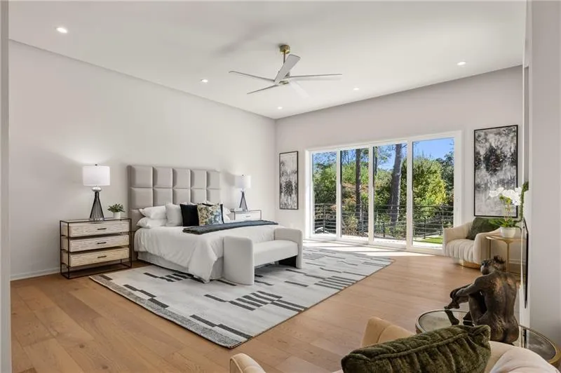 Bedroom featuring access to outside, wood-type flooring, ceiling fan, and recessed lighting
