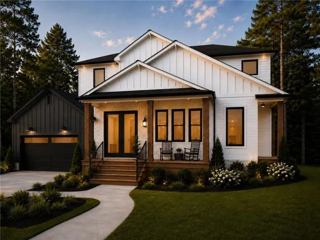 Modern farmhouse architectural style featuring white board and batten siding, black framed windows, and a covered porch with natural wood columns