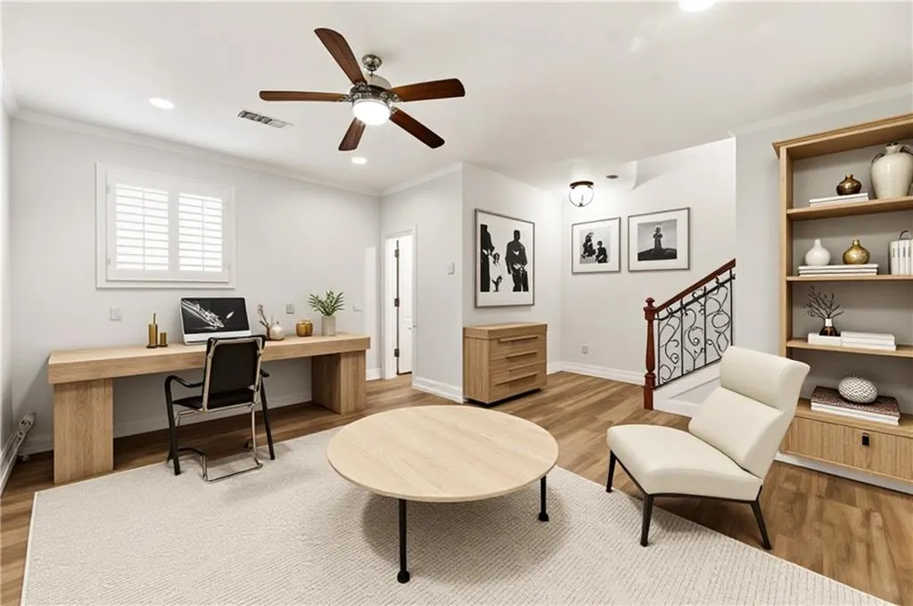 Home office with ornamental molding, ceiling fan, light wood-type flooring, and recessed lighting