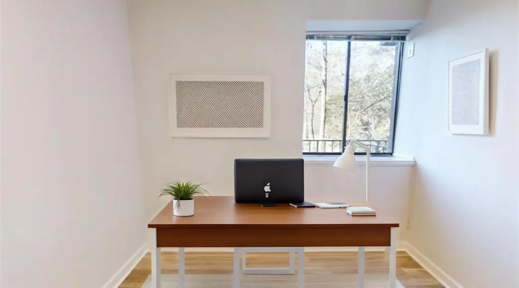 Home office with wood finished floors and baseboards
