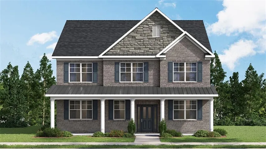 Brick exterior with stone accents, covered front porch, dark shingle roof, and dark shutters