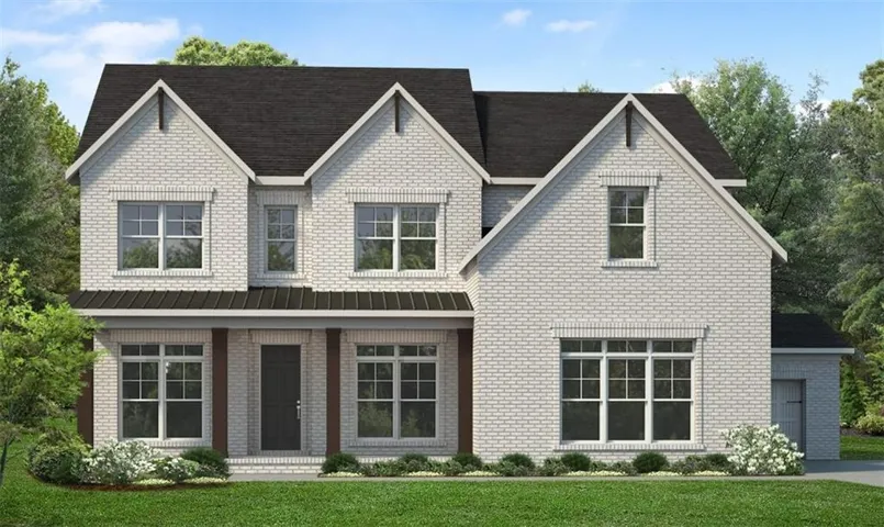 View of front facade featuring covered porch, brick front and sides and a 3-car garage