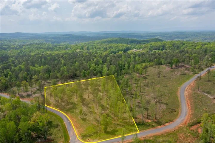 Wooded parcel with road frontage, featuring a partially cleared area and mature trees