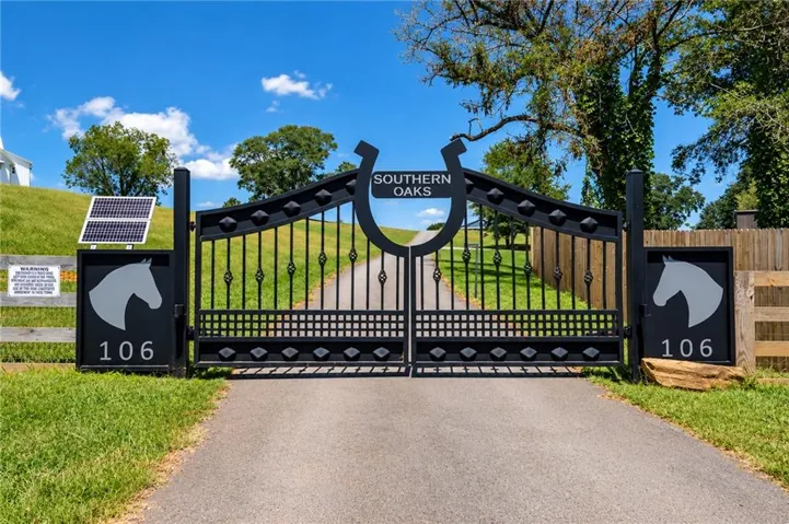 Wrought iron entry gate featuring custom horsehead details, a horseshoe arch, and solar panel