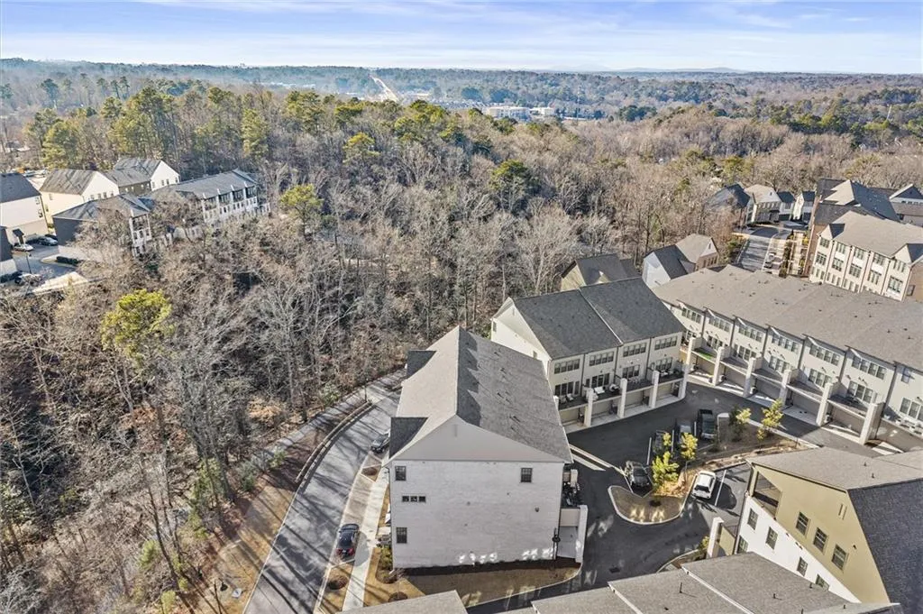Aerial view of residential area with a forest