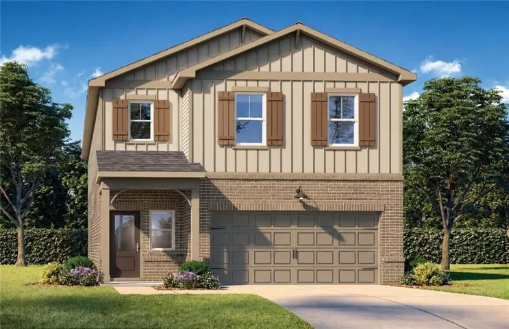 A sophisticated farmhouse-inspired exterior showcasing the Sinclair B's striking architectural character, featuring a blend of classic brick, board-and-batten detailing, designer shutters, and welcoming curb appeal. Thoughtfully crafted to deliver timeless style, modern comfort, and boutique-quality craftsmanship.