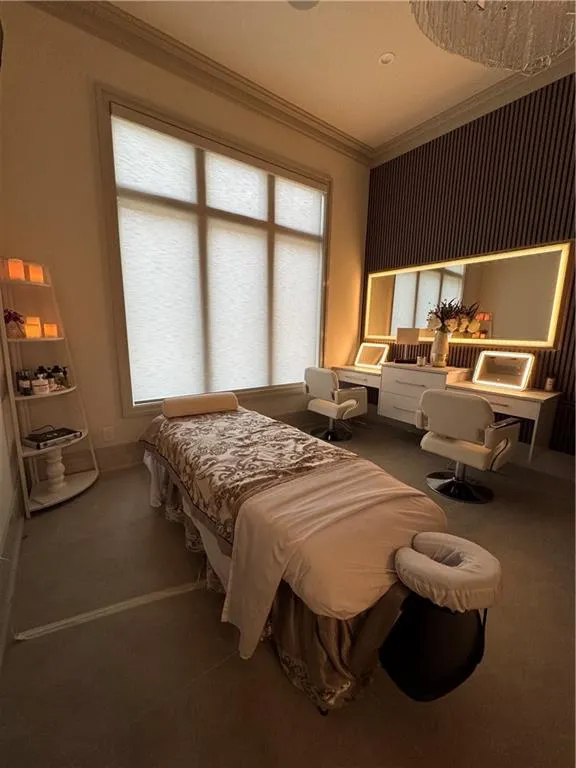 Spa Room with Sauna, Steam Room, Hair Wash station, make-up and styling vanity, massage table
