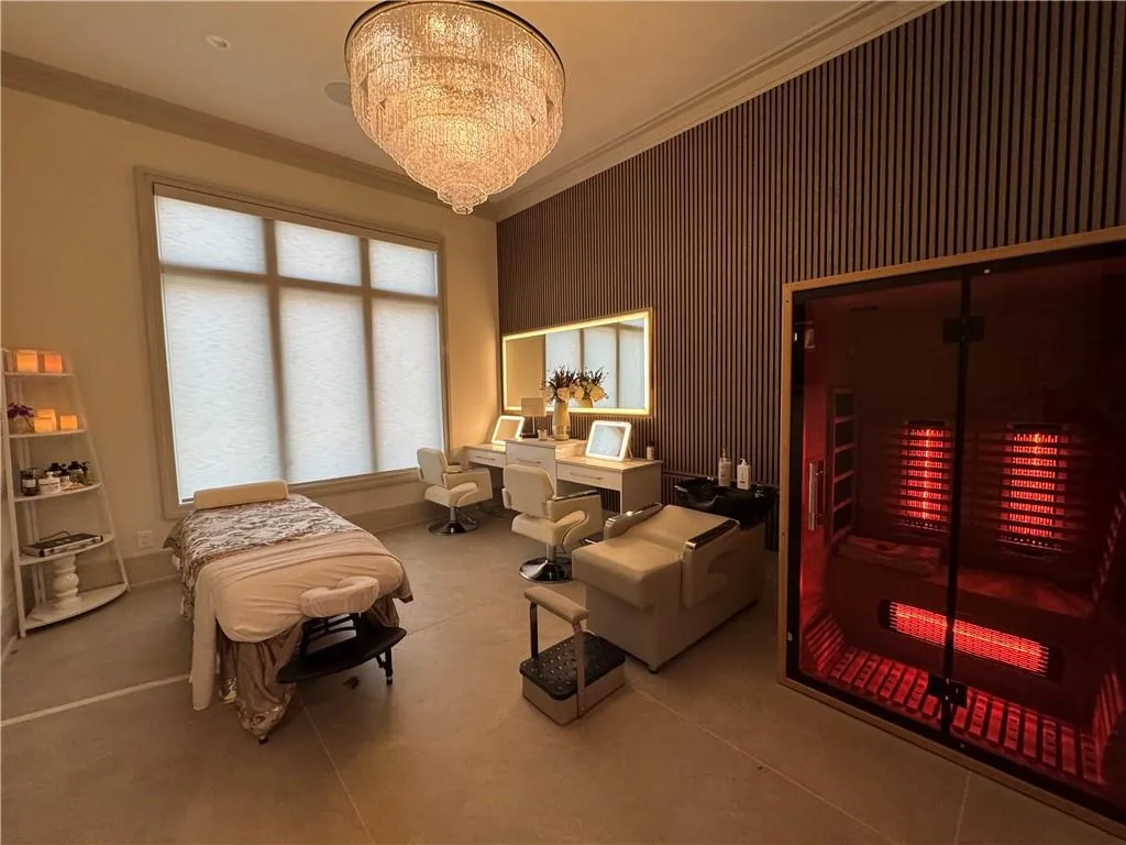Spa Room with Sauna, Steam Room, Hair Wash station, make-up and styling vanity, massage table