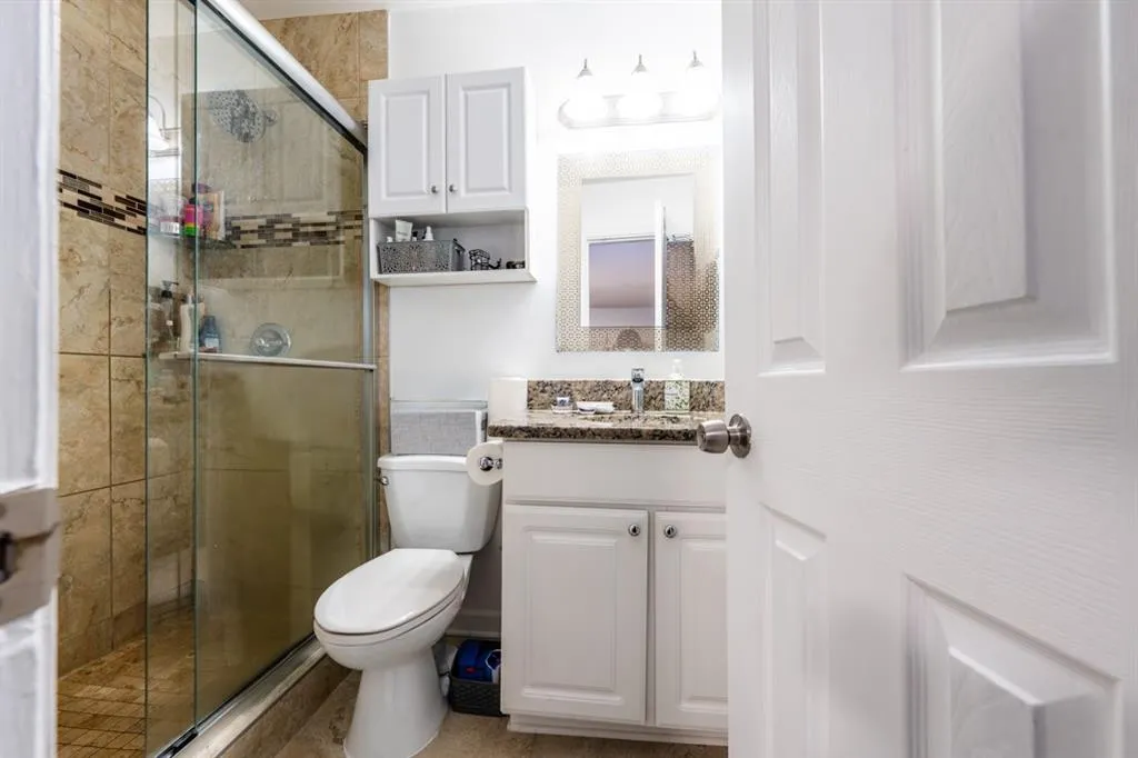 Master Bathroom featuring toilet, a stall shower, and vanity