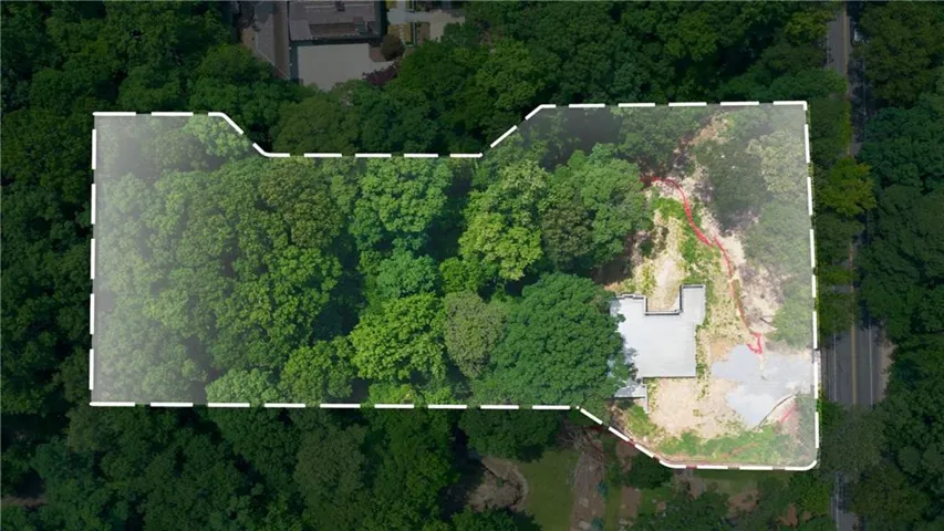 Aerial perspective of lot size and home position.