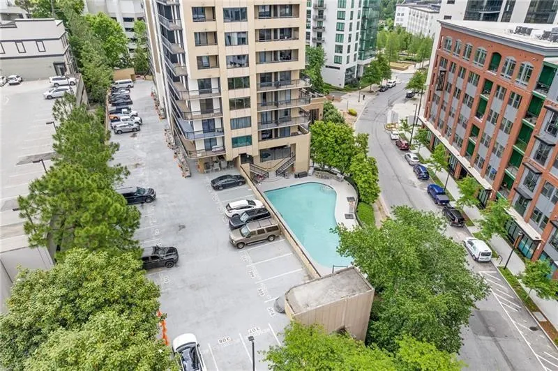 Drone / aerial view of a pool