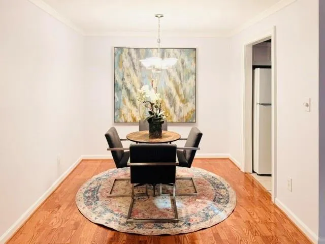 Elegant dining gallery featuring warm wood-finish flooring, a round decorative area rug, and a contemporary pendant light fixture