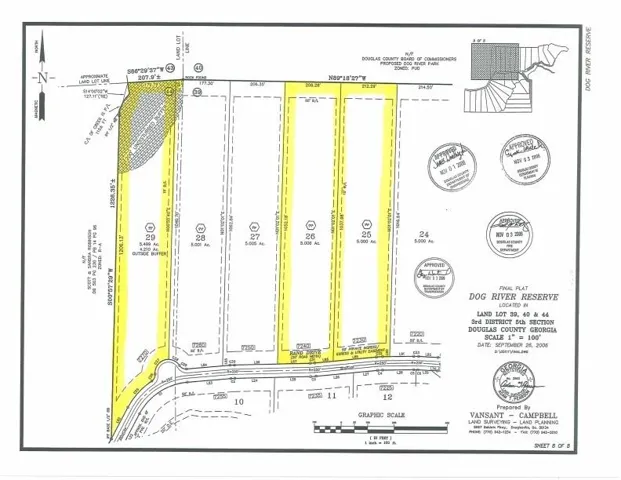 Final Plat, Dog River Reserve. Outlining land lots, dimensions, and survey details for the property