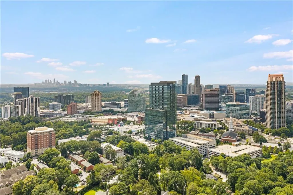 Expansive cityscape featuring diverse architectural styles, abundant mature trees, and a distant skyline