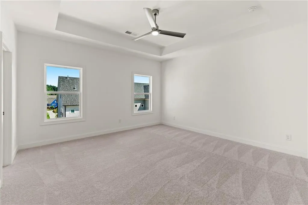 Spare room featuring a raised ceiling, healthy amount of natural light, carpet flooring, and ceiling fan
