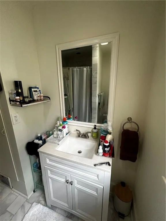 Bathroom featuring vanity and a shower with curtain