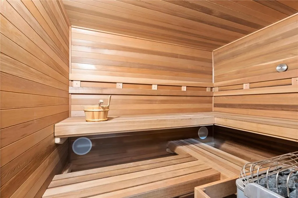Sauna / steam room featuring wood walls and wooden ceiling