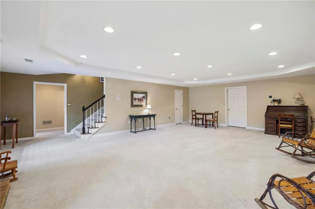 Terrace Level rec room with fireplace and built in bookcases