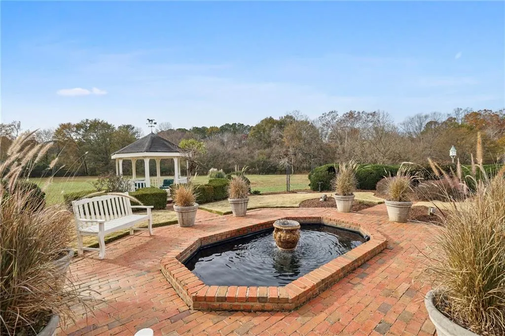 Serene and peaceful outdoor pond with fountain
