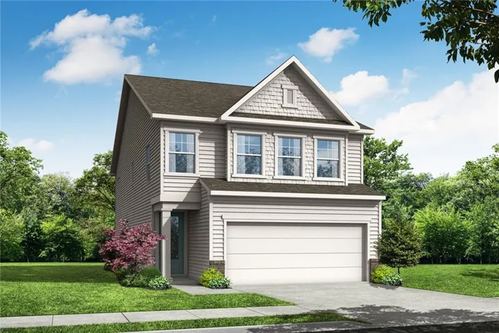 Two-story home featuring light-colored siding, a prominent gable with shake siding, an integrated garage, a paved driveway, and established front landscaping