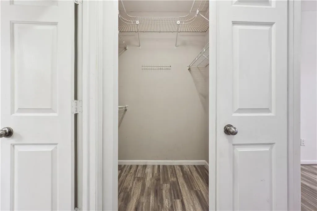 Spacious closet with dark hardwood / wood-style flooring