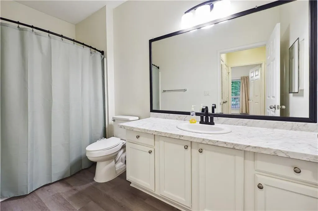 Bathroom with wood-type flooring, vanity, and toilet