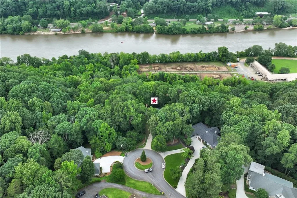 Aerial view overlooking the Chattahoochee River and the  Huntcliff Stables!