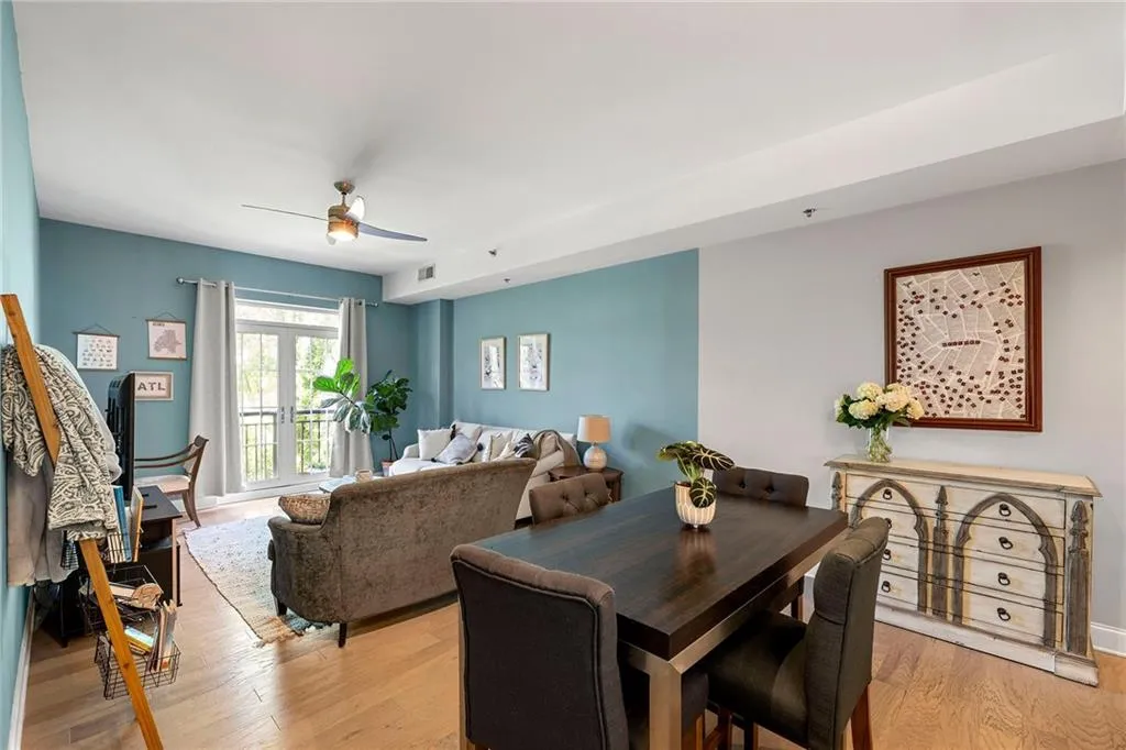 Dining room featuring light wood finished floors and ceiling fan