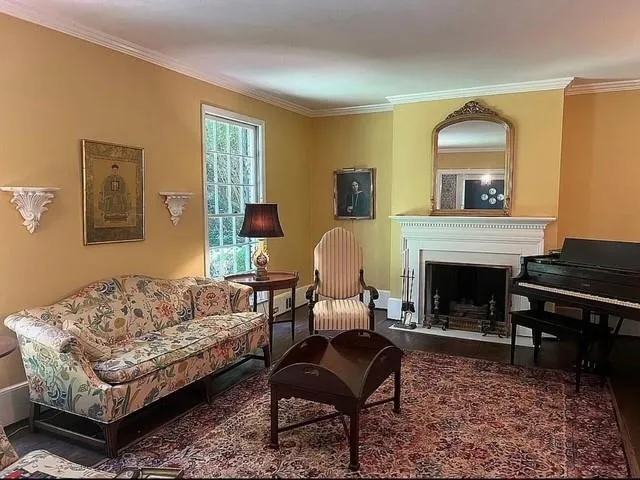 Living room with ornamental molding and a fireplace