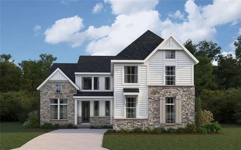 Two-story exterior featuring a prominent gabled roofline, stone veneer accents, white horizontal siding, dark asphalt shingles, and a paved driveway