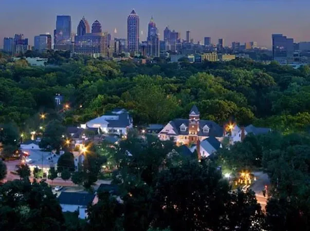 Aerial view at dusk with a city view
