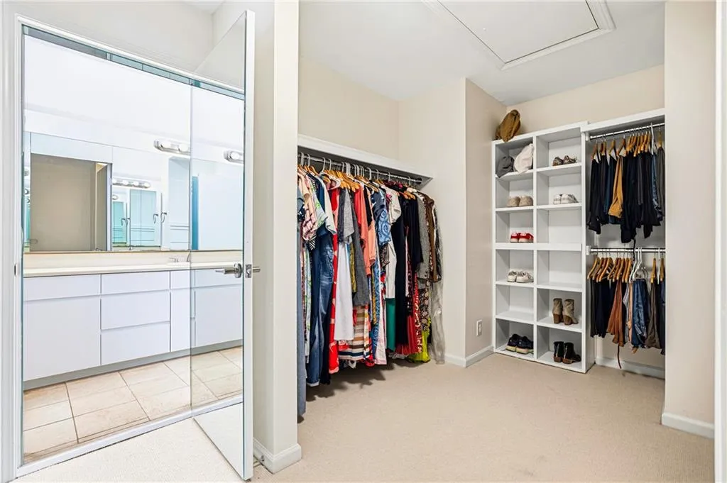 Spacious walk-in closet featuring carpet flooring, extensive hanging rods, and integrated shelving units