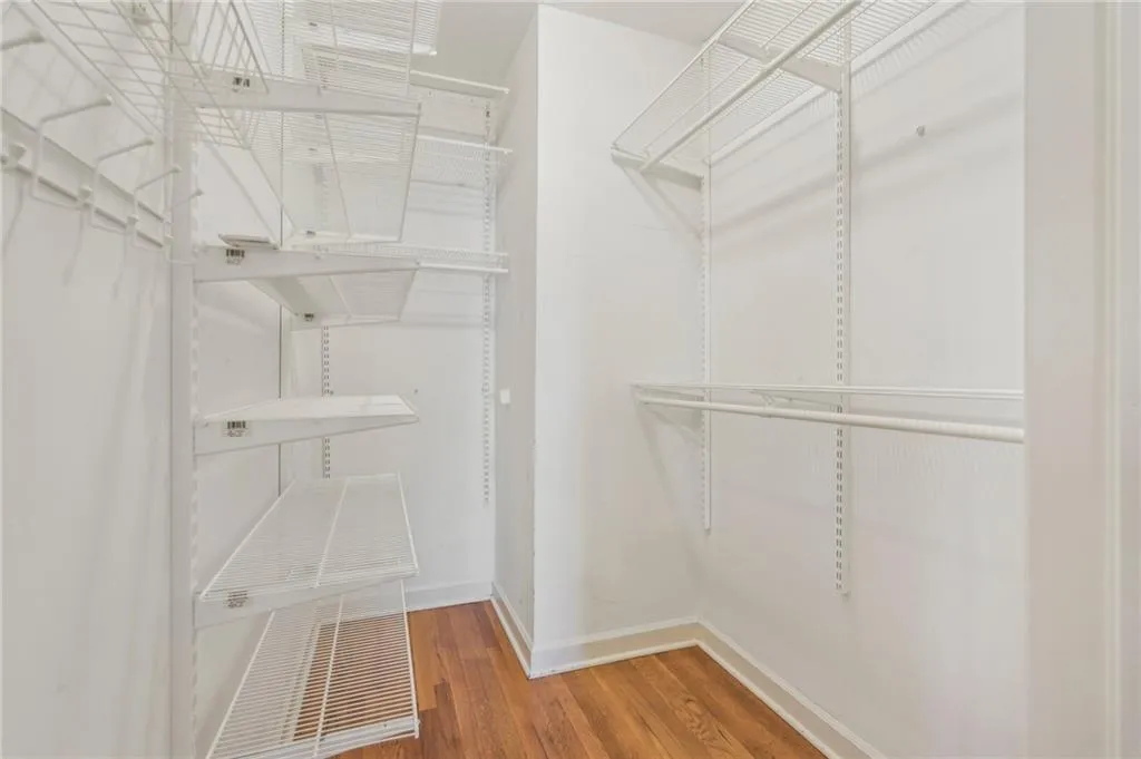 Spacious ELFA closet with hardwood floors.