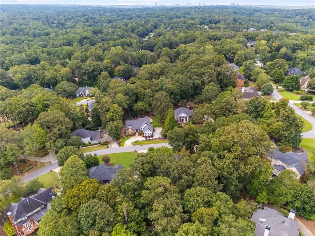 Aerial perspective of suburban area featuring a forest