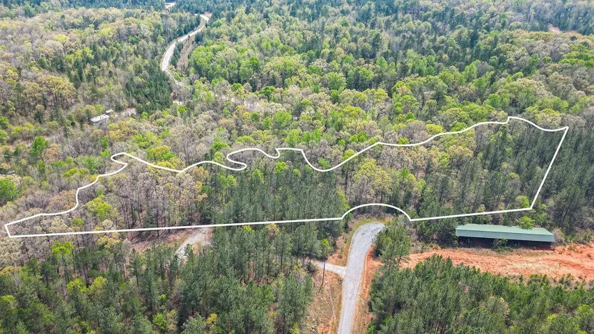 Aerial overview of property's location featuring a forest and property boundaries highlighted