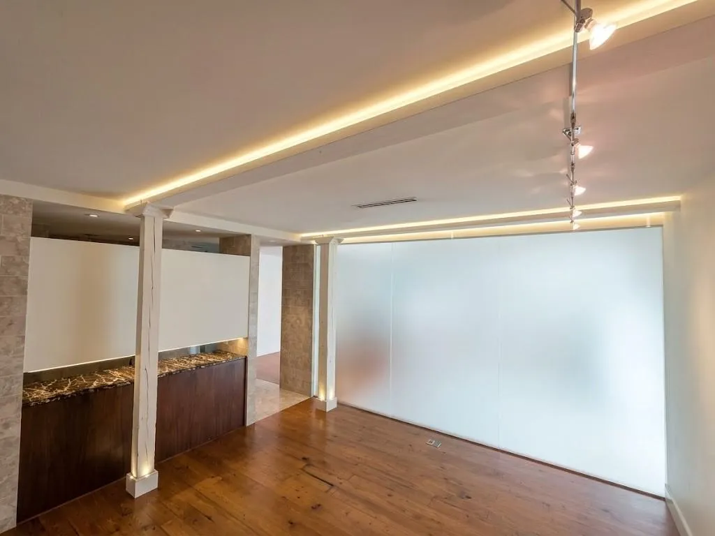 Hardwood flooring, recessed ceiling lighting, track lighting fixture, frosted wall panels, and stone wall accents, virtual LED lighting