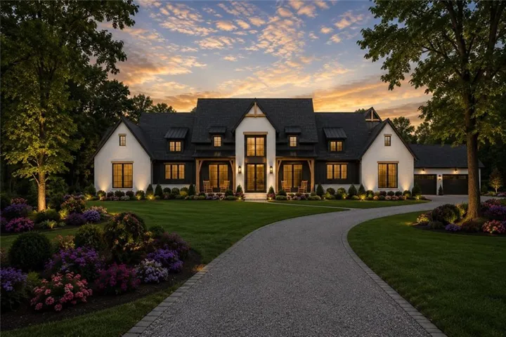 Contemporary farmhouse exterior with white siding and dark trim