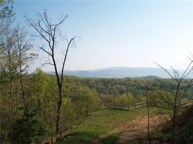 Expansive wooded landscape featuring distant mountain ranges and a clear sky