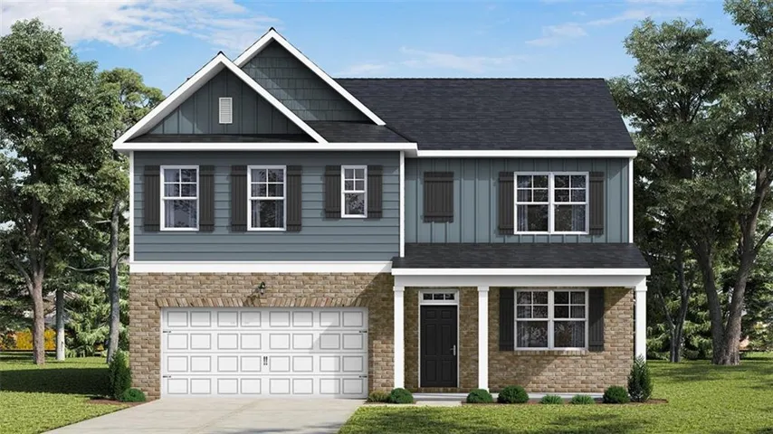 Two-story exterior with a stone and siding facade, covered front porch, and an attached garage