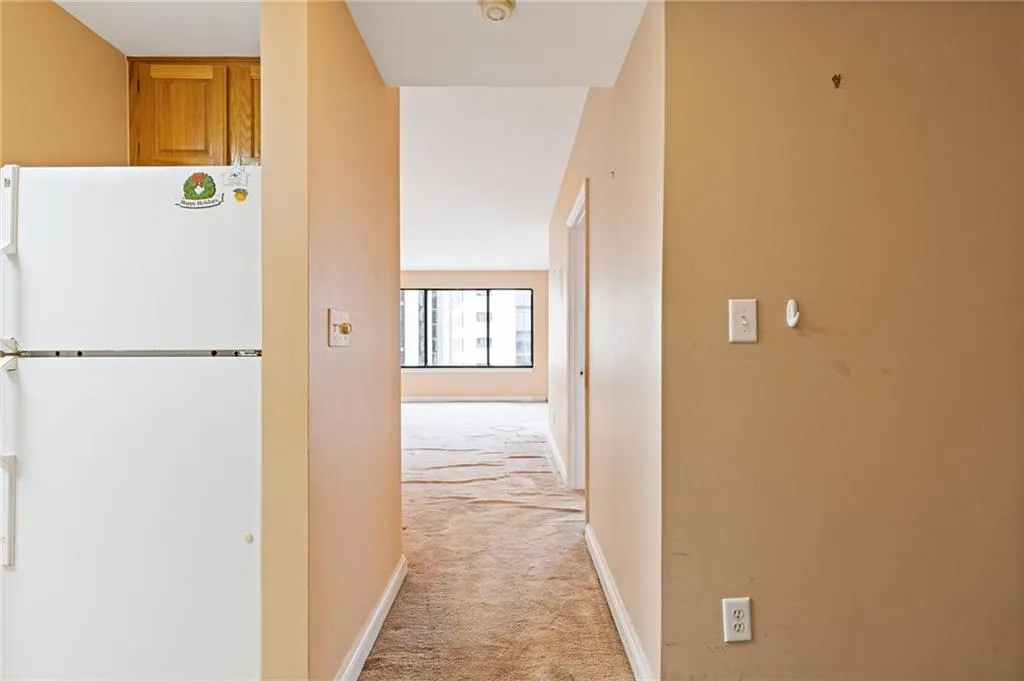 Hall with light carpet and baseboards