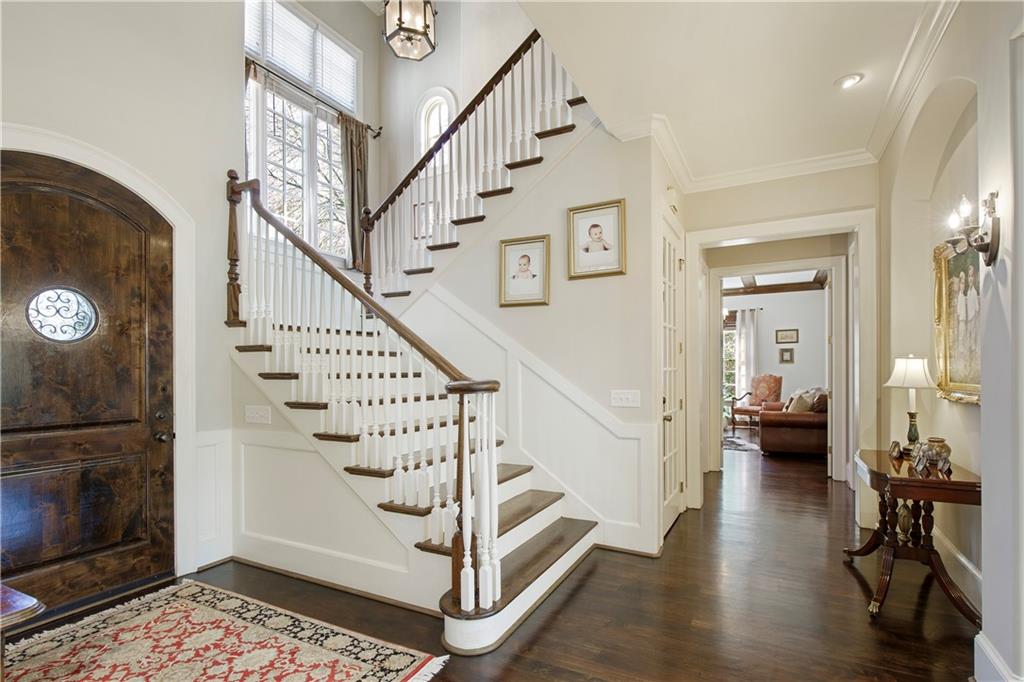 Front hall looking into Study.  Beautiful Study with beams, gas fireplace