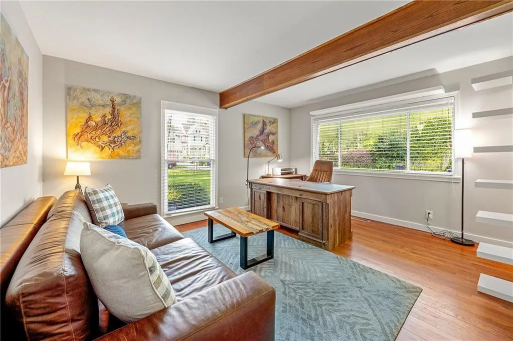 2nd Master Bed, used as office with beamed ceiling and wood finished floors