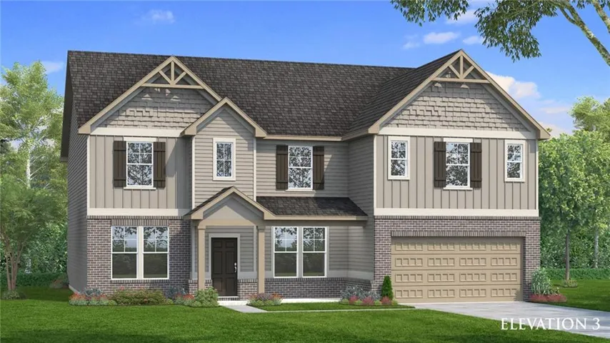 Two-story residence featuring a mixed-material exterior of brick, horizontal siding, and vertical board and batten siding