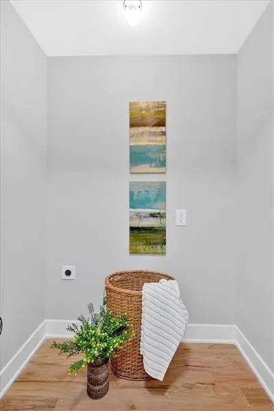 Washroom with light wood-style flooring and electric dryer hookup