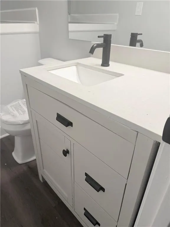 Bathroom with vanity and dark wood-style floors