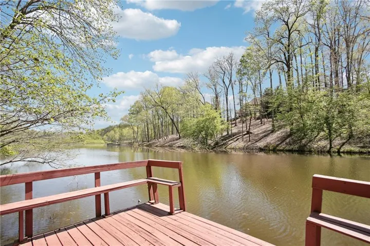 Private dock with built-in seating, water access, and mature trees lining the waterfront